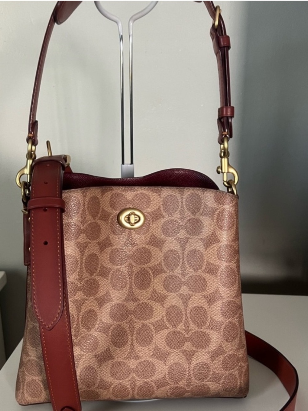 Coach Signature Canvas Shoulder Bag in Brown and Rust Red